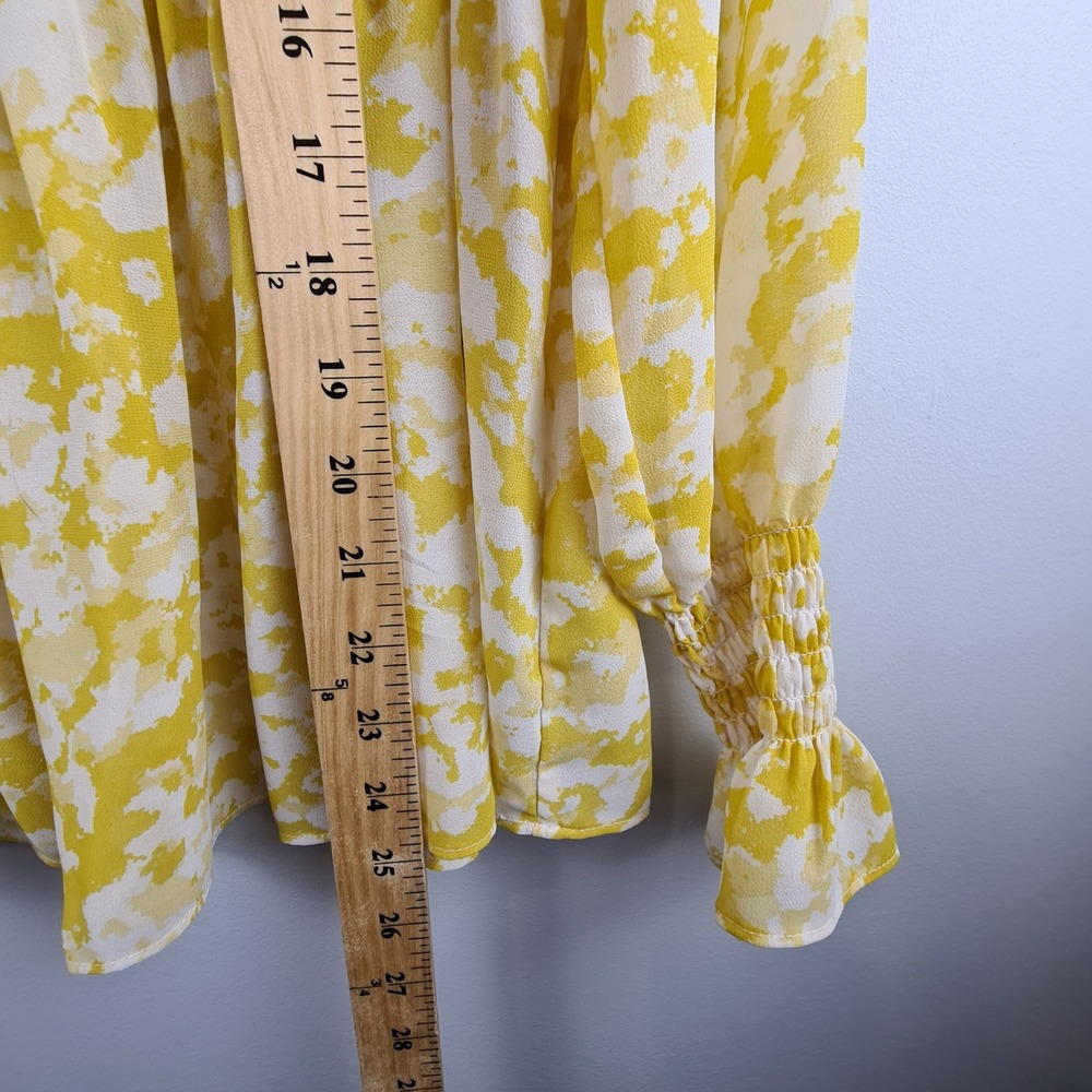 Rose + Olive Yellow White Abstract Smocked Peplum Blouse Long Sleeve Medium - Picture 8 of 8